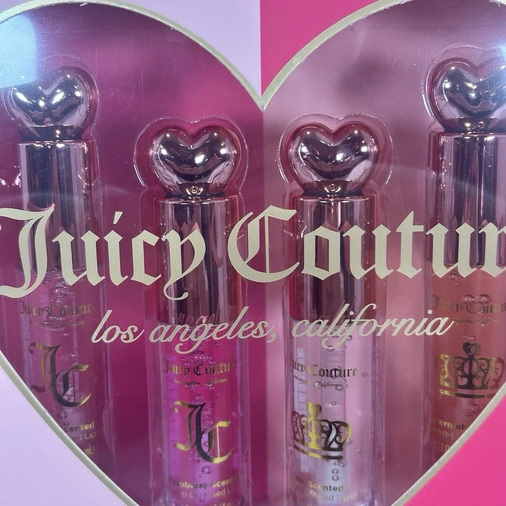 Juicy Couture Lip Oil Set 4 Pc Cherry Raspberry Rose Strawberry Heart Gift NWT